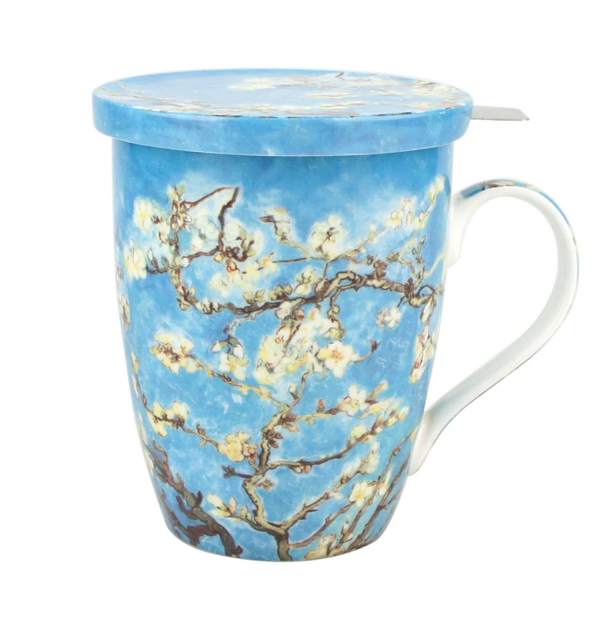 Van Gogh Almond Blossom print Mug, tea lid and stainless steel strainer.