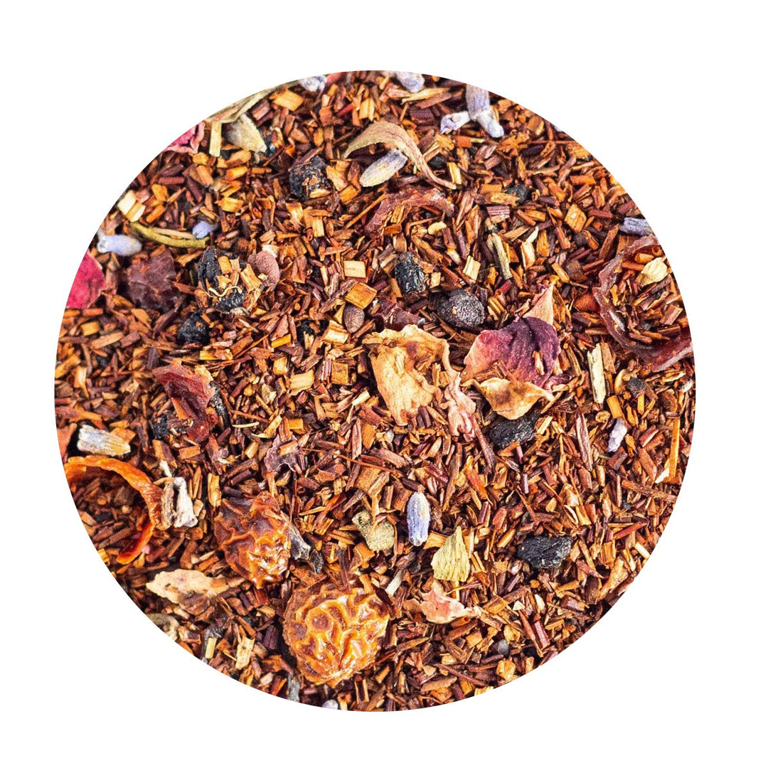Loose Leaf Organic Rooibos Tea with berries, lavender and rose petals.