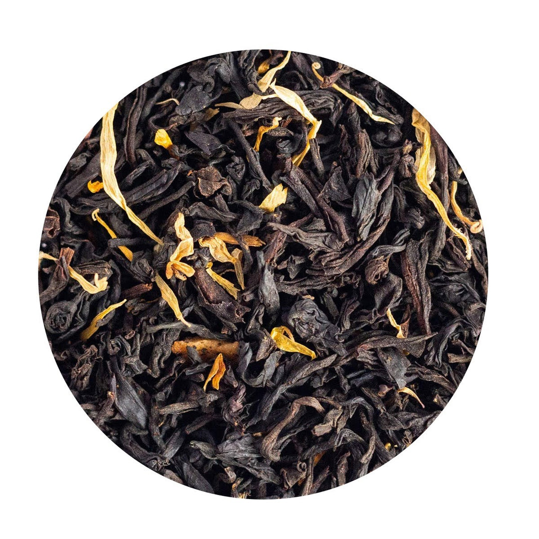 Loose Leaf Organic Black Tea with calendula petals and pear bits.