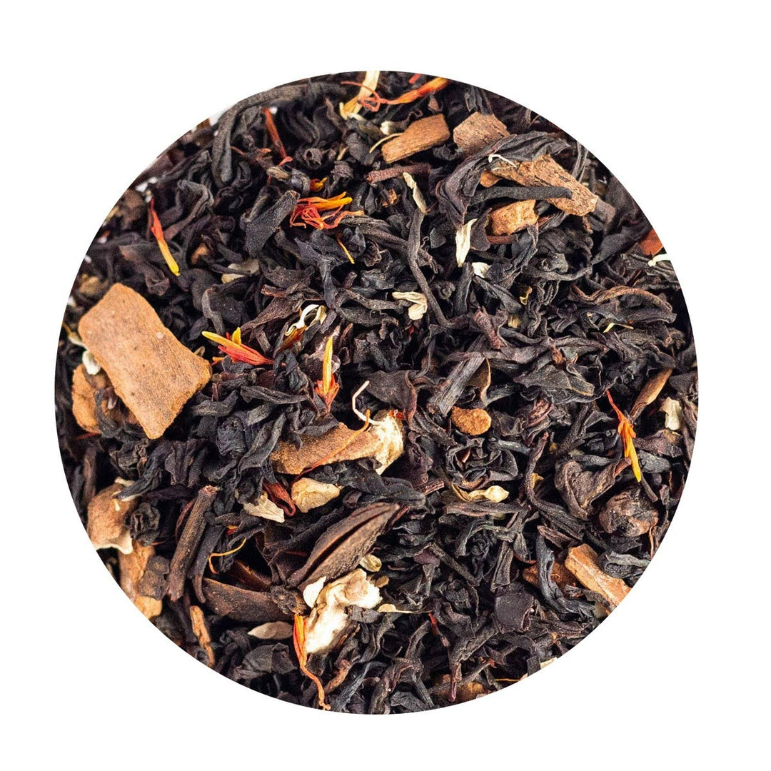 Loose Leaf Black tea with cocoa beans, safflower, chamomile, star anise and white flowers.