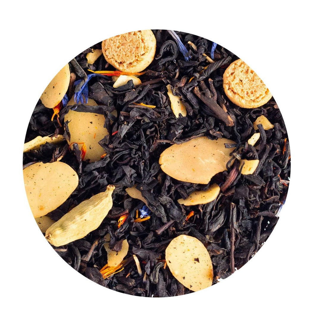 Loose Leaf Black Tea with almonds, amaretti, cacoa and blue cornflower petals.