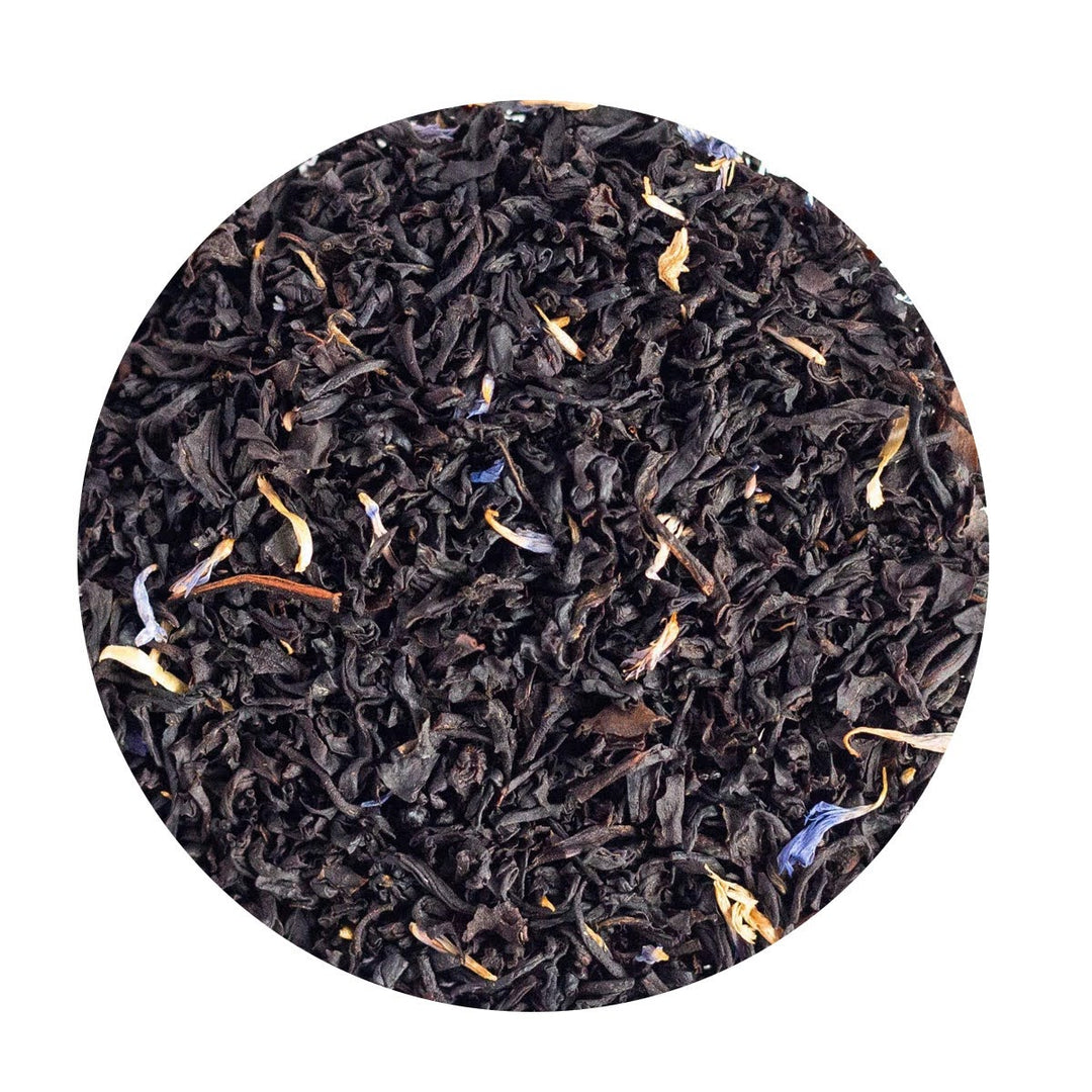 Loose Leaf Black Tea with blue cornflower petals.