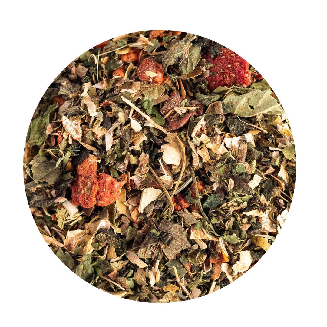 Loose Leaf herbal blend with strawberry pieces.