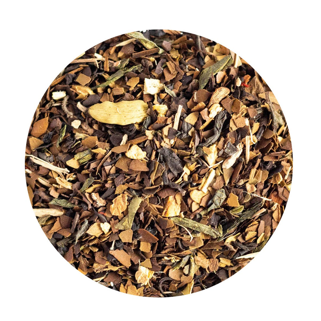 Loose Leaf Yerba Mate Tea with chai spices, saffron and safflower petals.