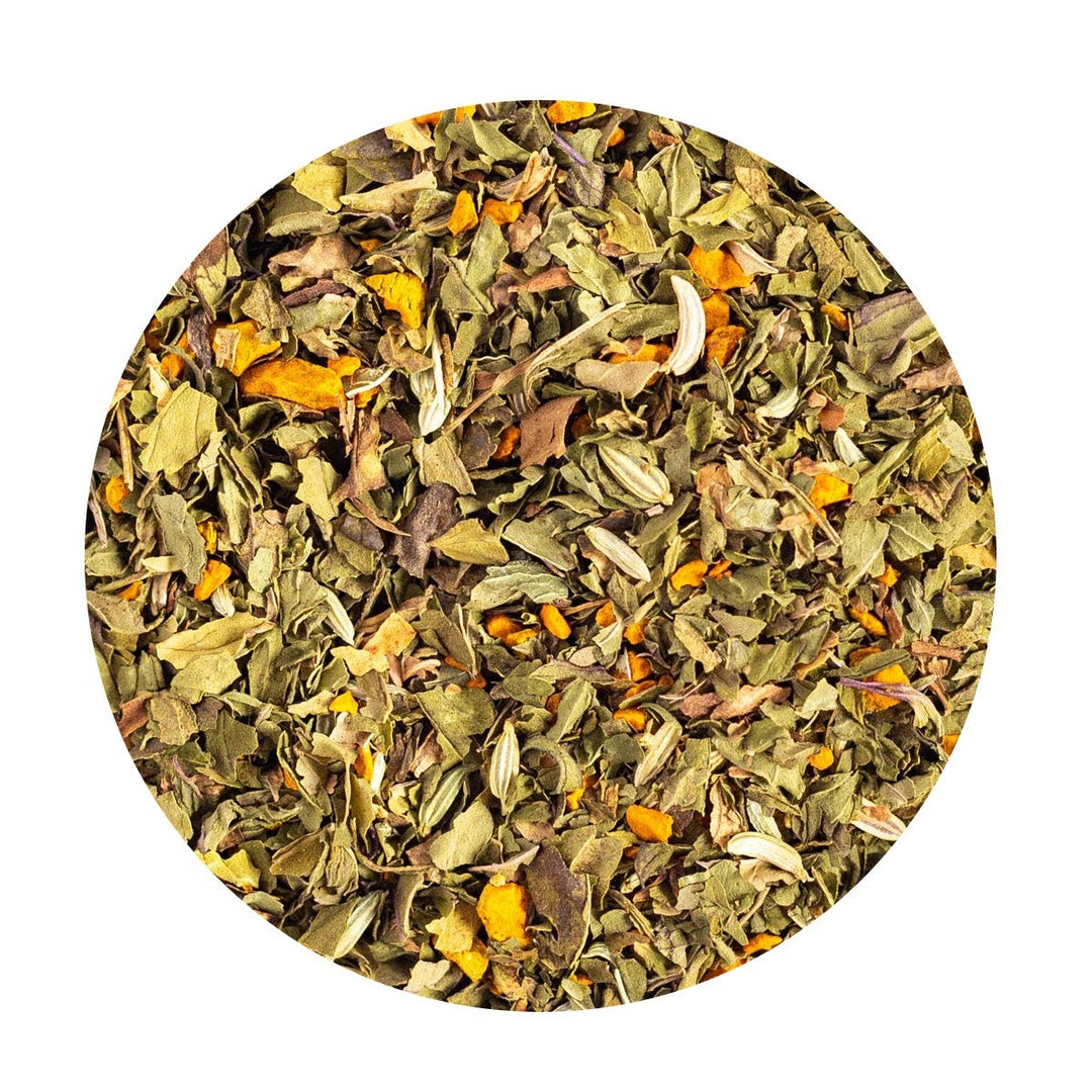 Loose Leaf Organic Tumeric tea with peppermint, fennel and black pepper.