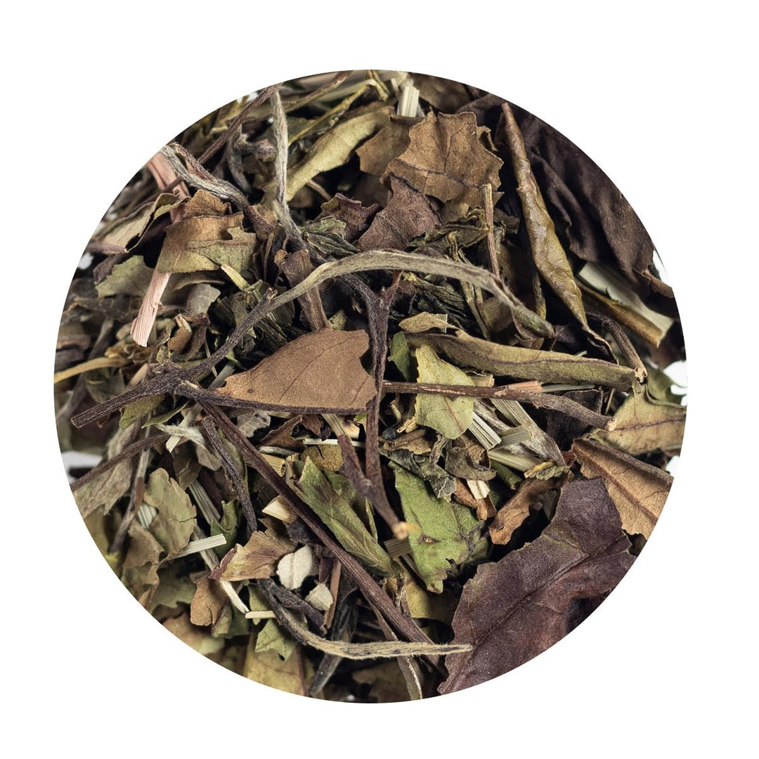 Organic Loose Leaf White and Green Tea with lemongrass, rosemary leaves, lemon peels and spearmint.