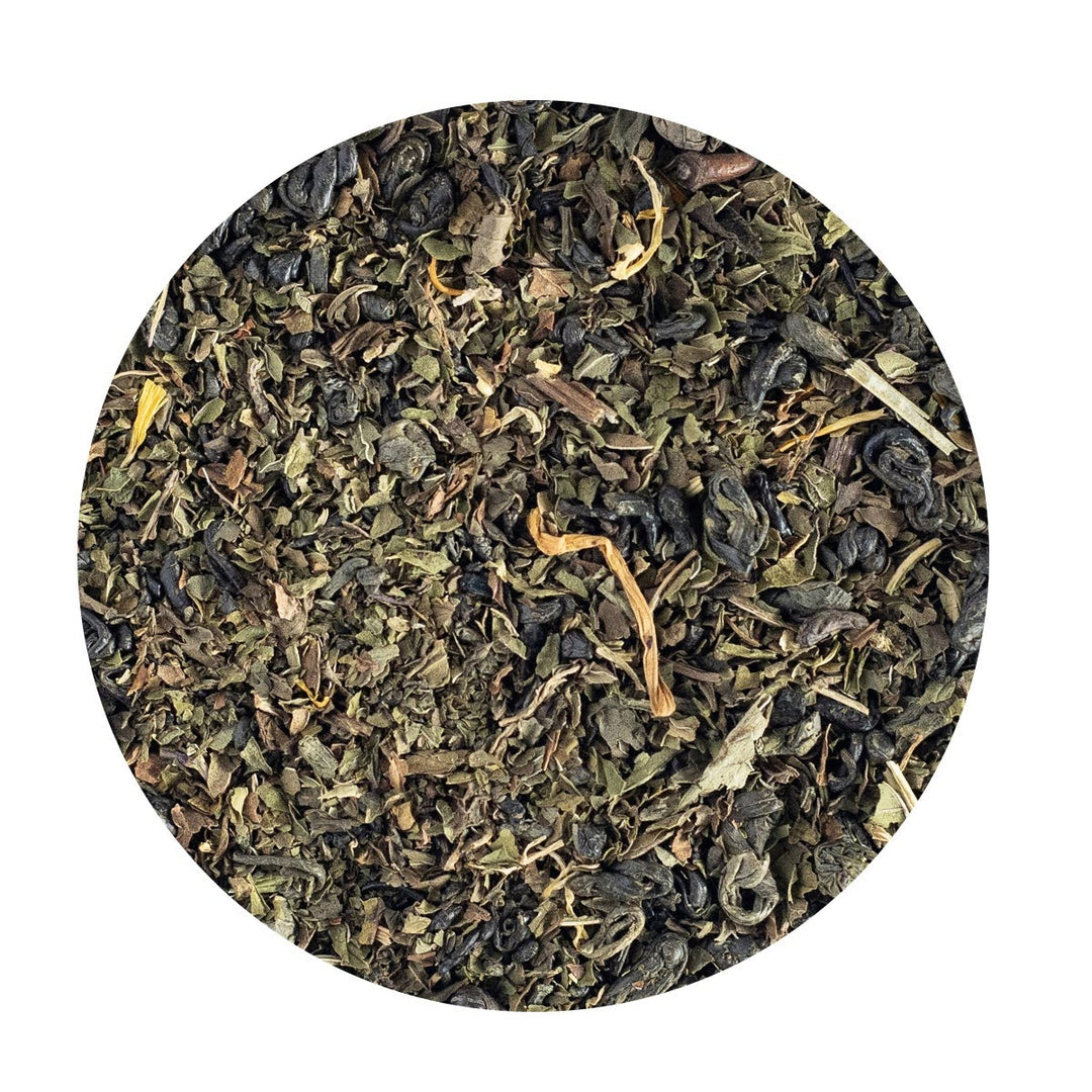 Loose Leaf Gunpowder Green Tea with peppermint, spearmint and calendula petals.