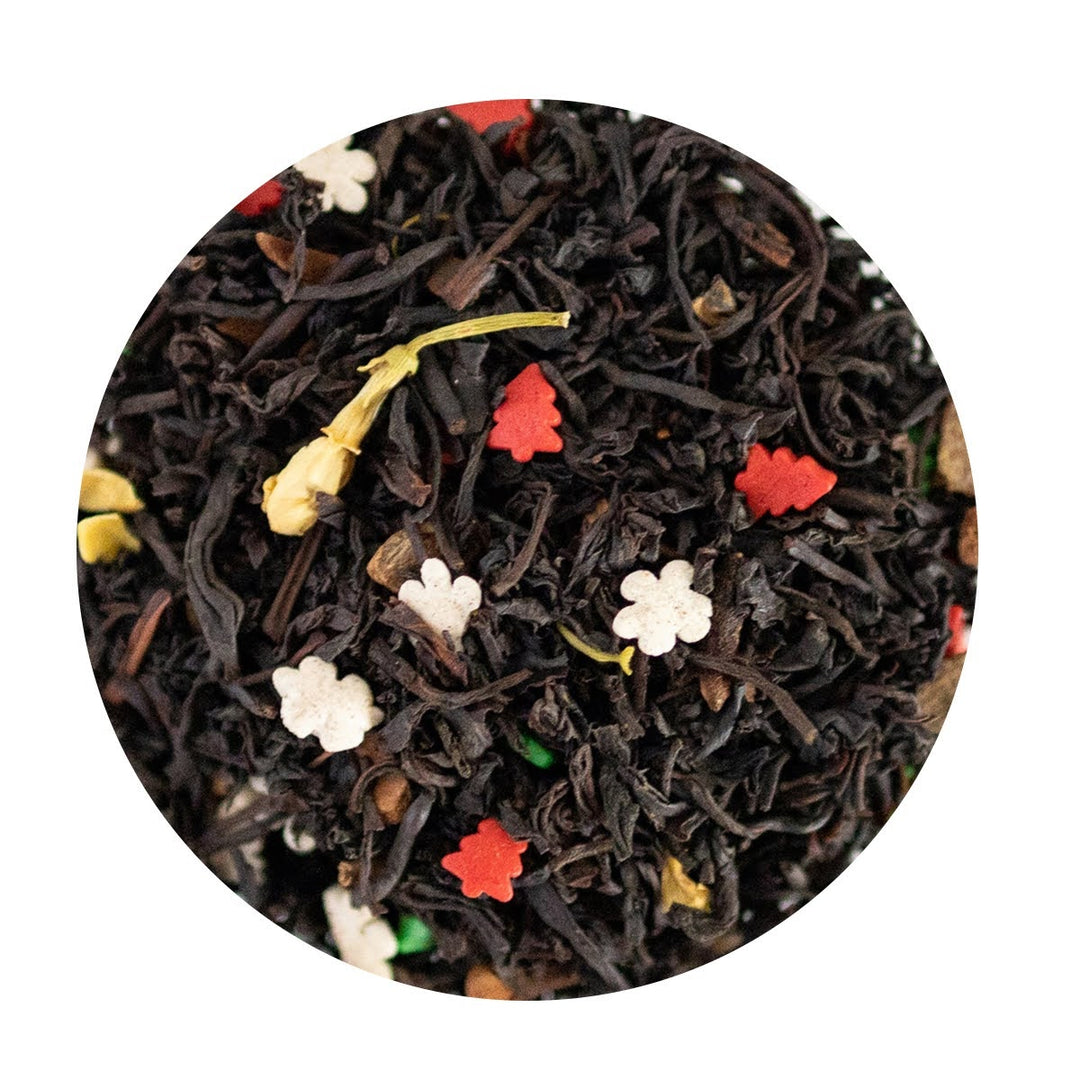 Loose Leaf Black Tea with jasmine petals and candy pieces.