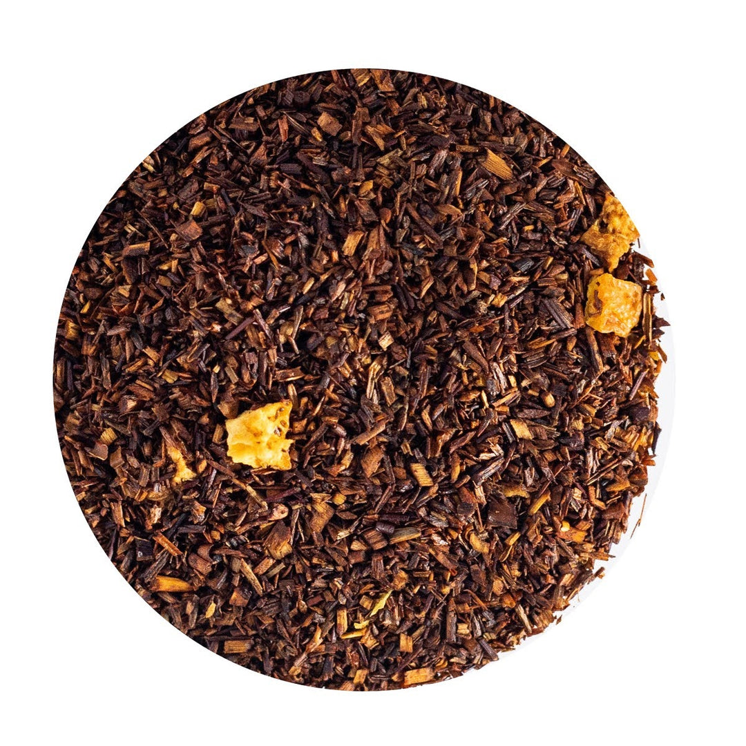 Loose Leaf Rooibos Tea with cinnamon and orange pieces.
