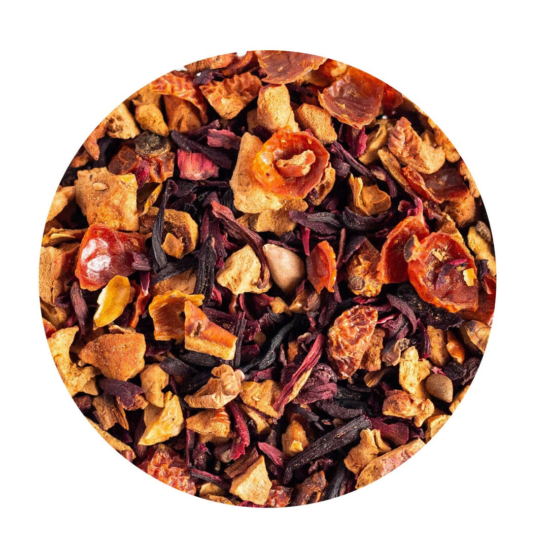 Loose Leaf fruit blend with dried apple, rosehip pieces and hibiscus petals.