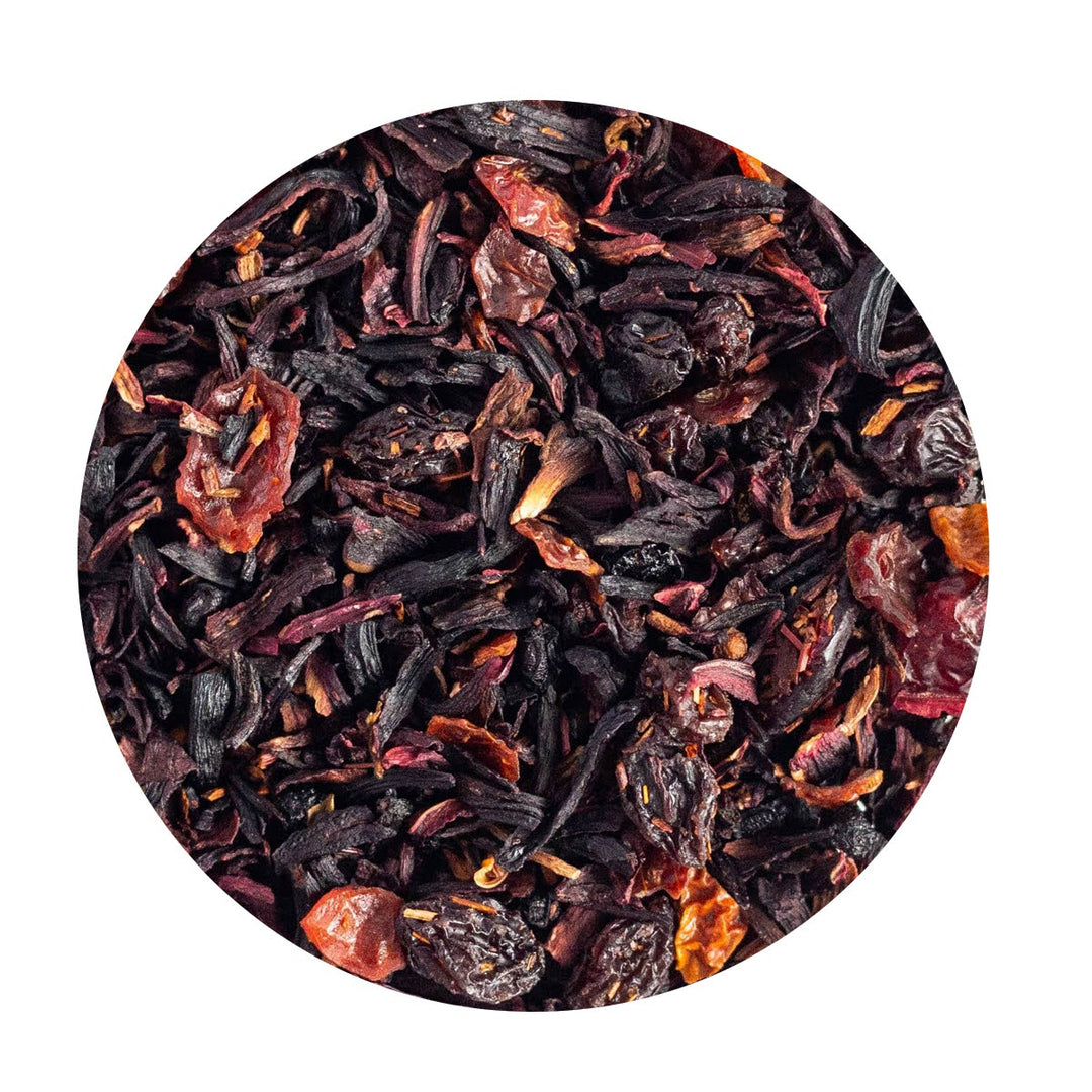 Loose Leaf Rooibos Tea with pieces of hibiscus, whole currants, rosehips, elderberries and cranberries.
