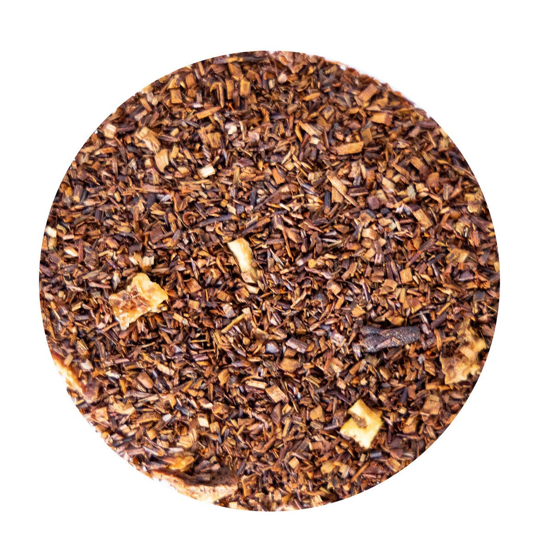 Loose Leaf Rooibos Tea with chocolate drops and orange pieces.