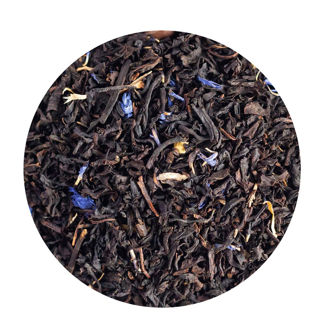 Loose Leaf Black Tea with coffee beans and blue cornflower petals.