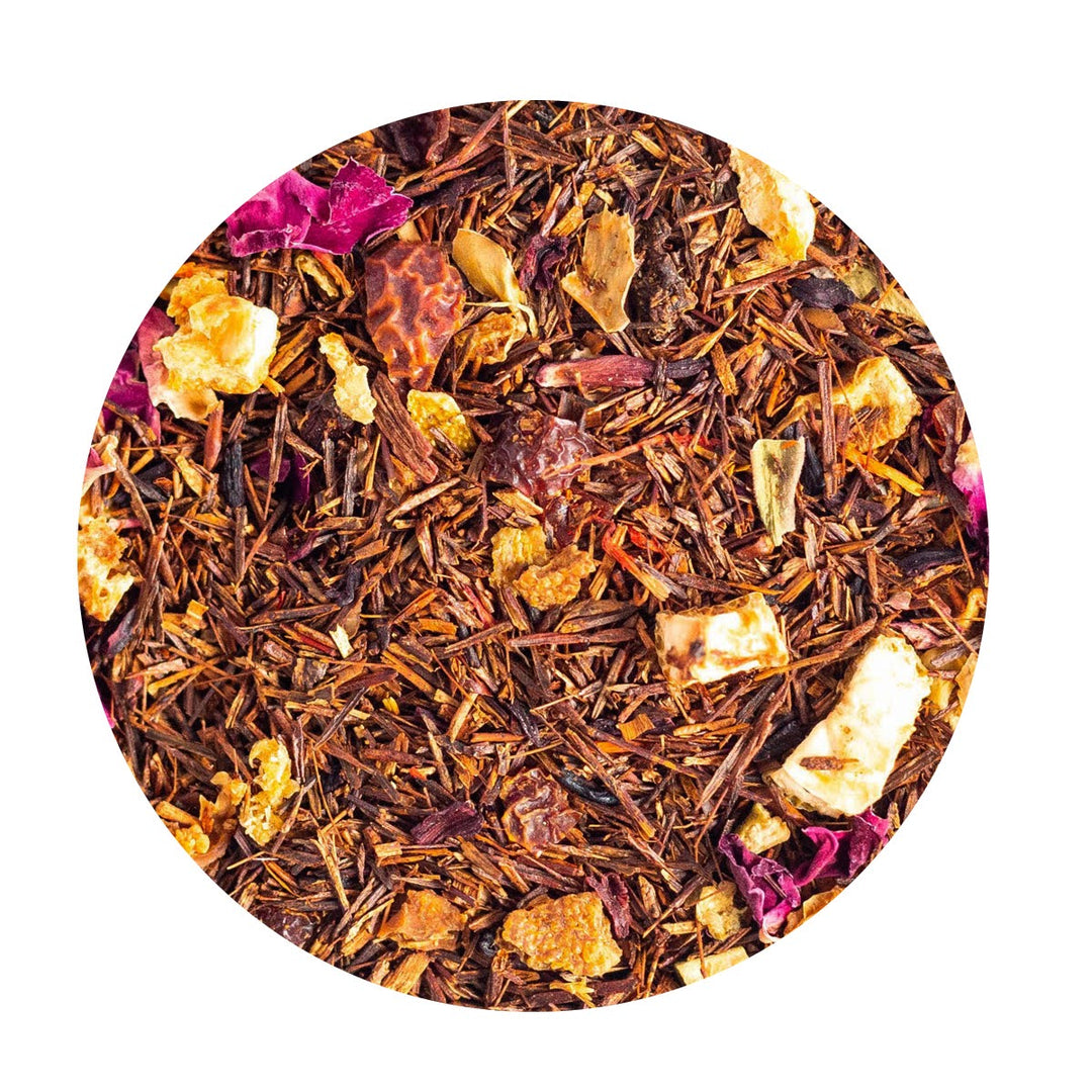 Loose Leaf Rooibos tea with orange peel, hibiscus, rosehips and rose petals.