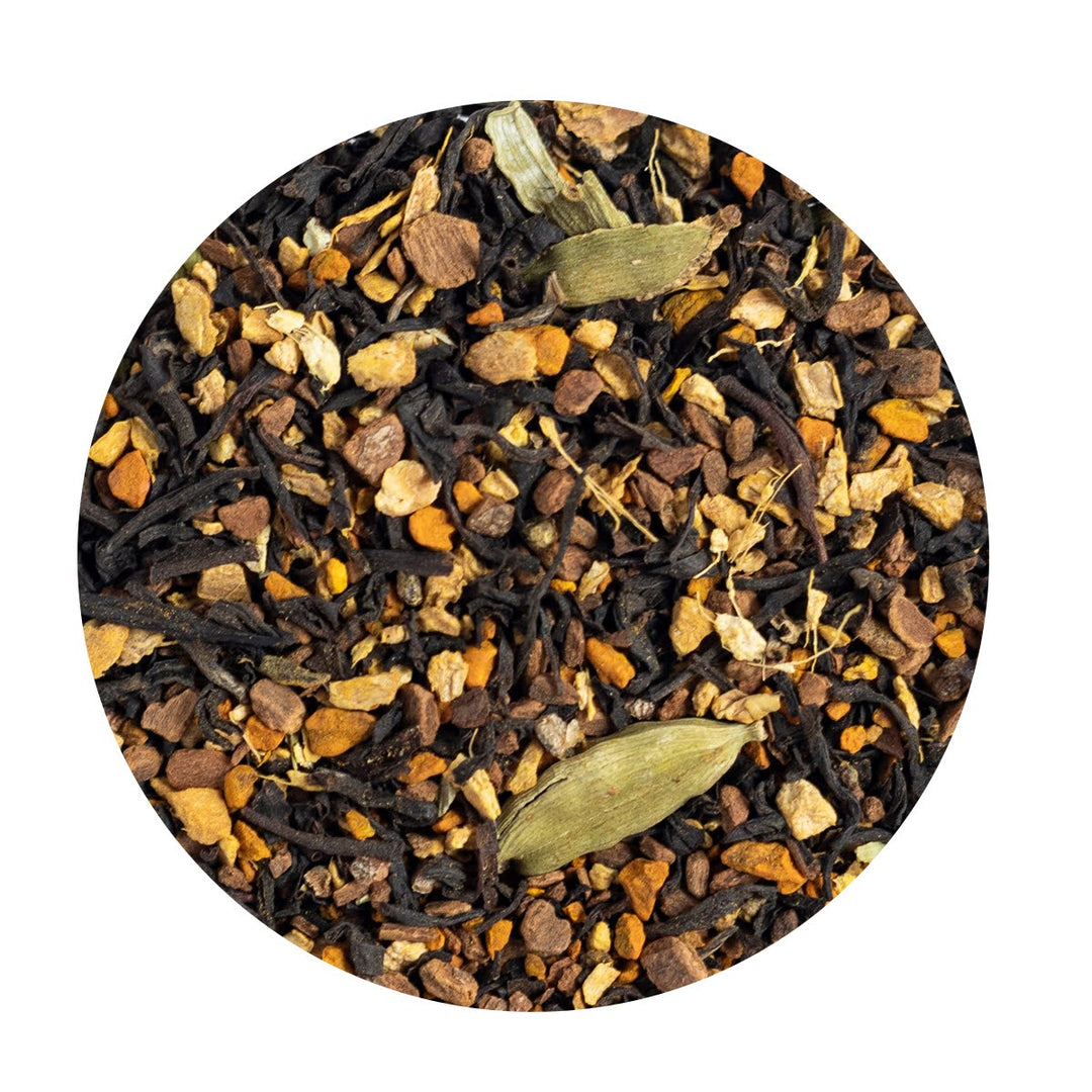 Loose Leaf Organic Assam tea with tumeric and chai spices.