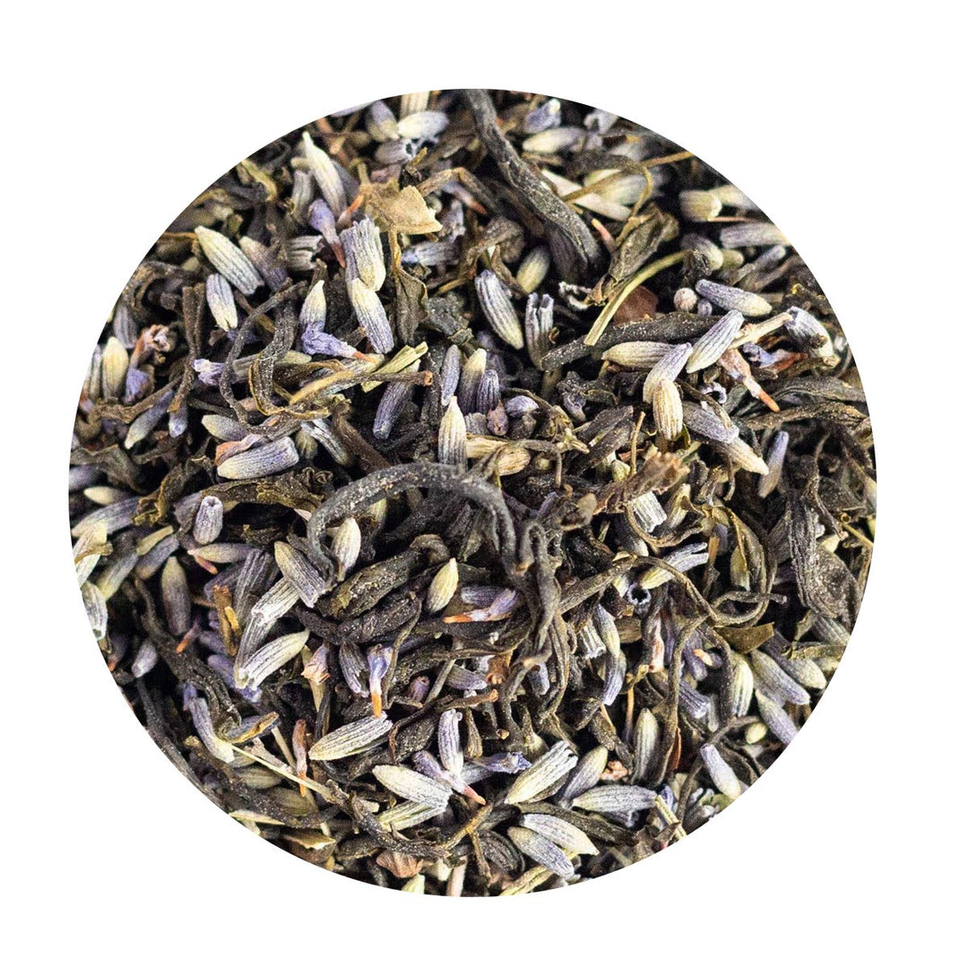 Loose Leaf Organic Green Tea with blue cornflower petals, calendula petals and lavender.