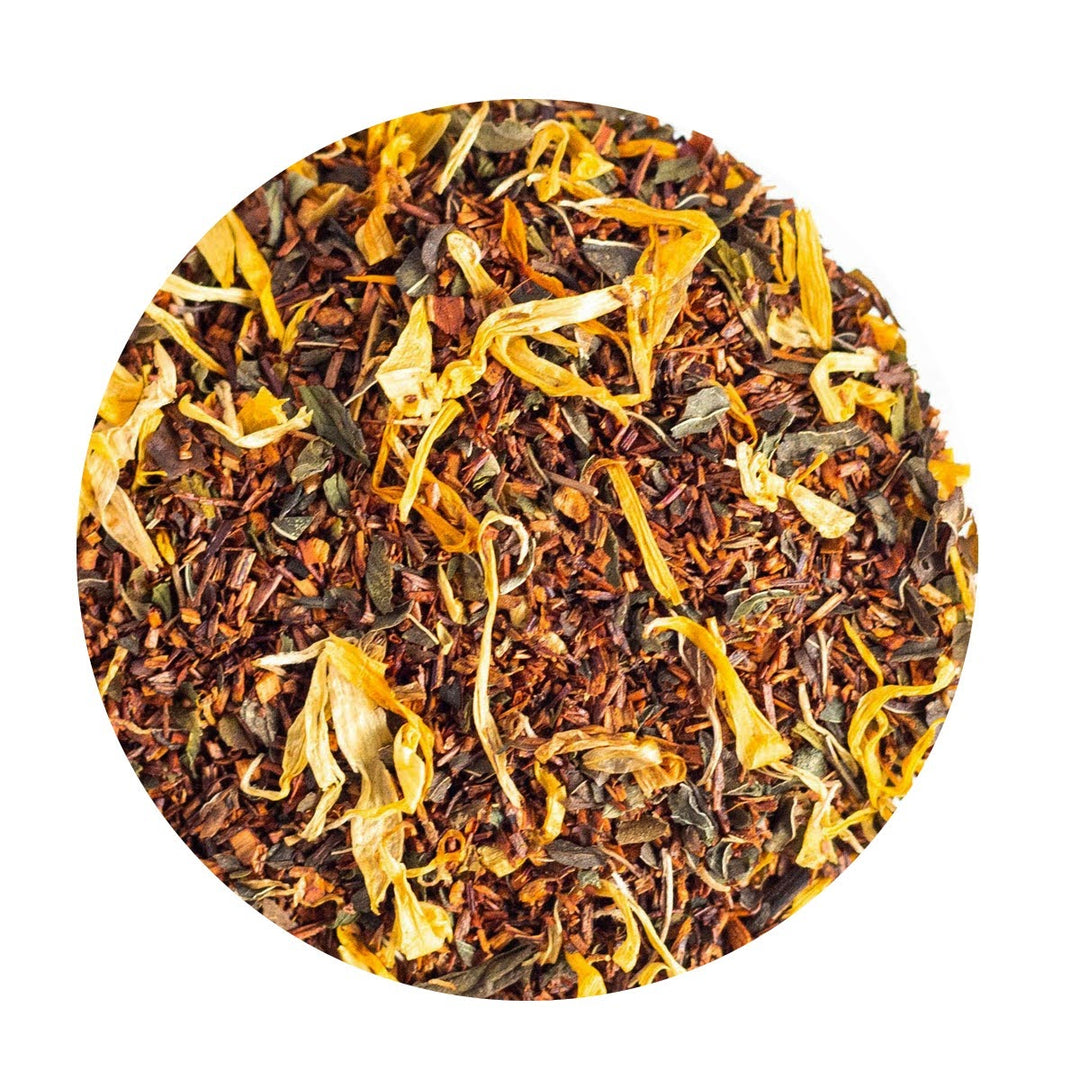 Loose Leaf Rooibos Tea with yellow calendula petals and peppermint.