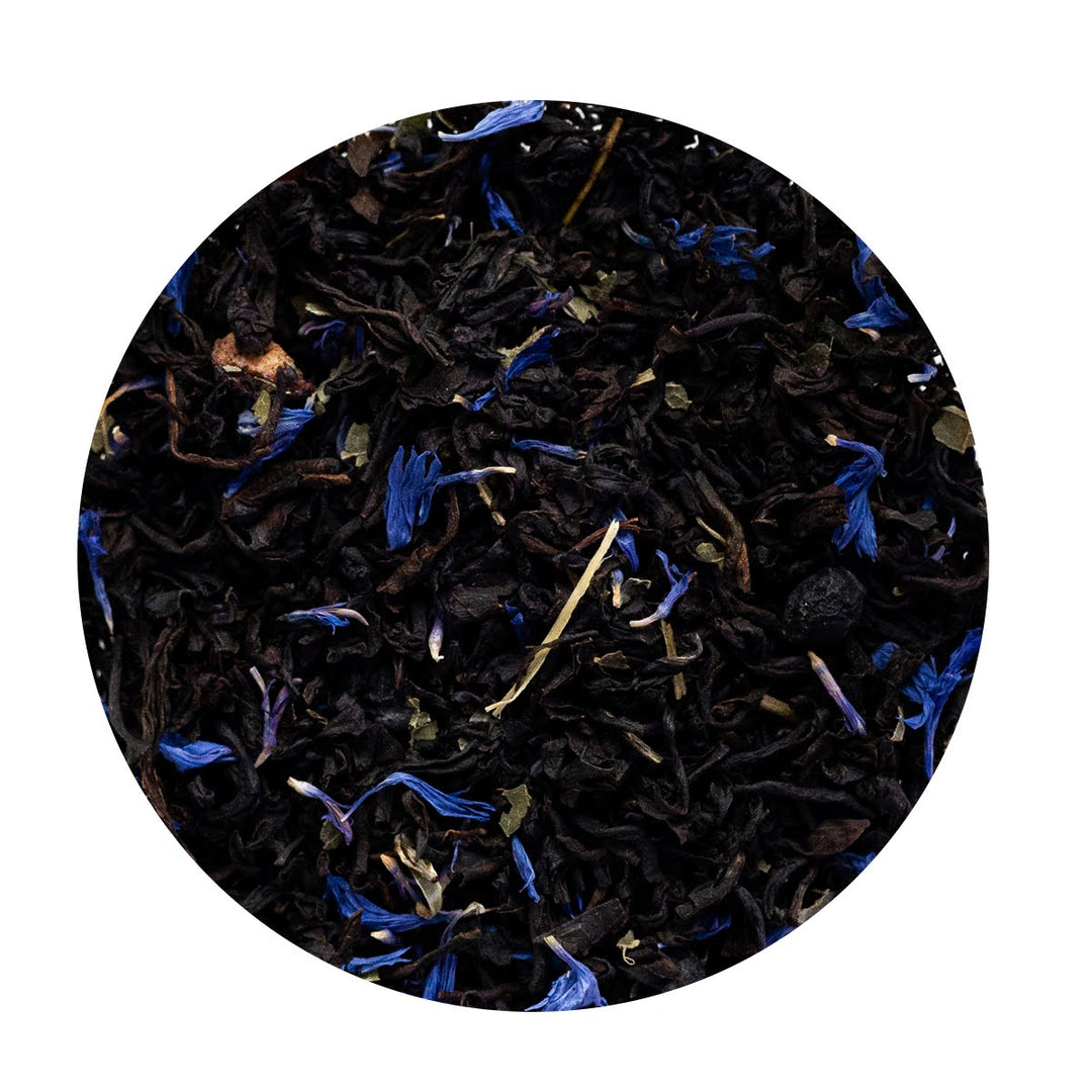 Loose Leaf Black Tea with blueberries, bilberries, blue cornflower petals and blackberry leaves.