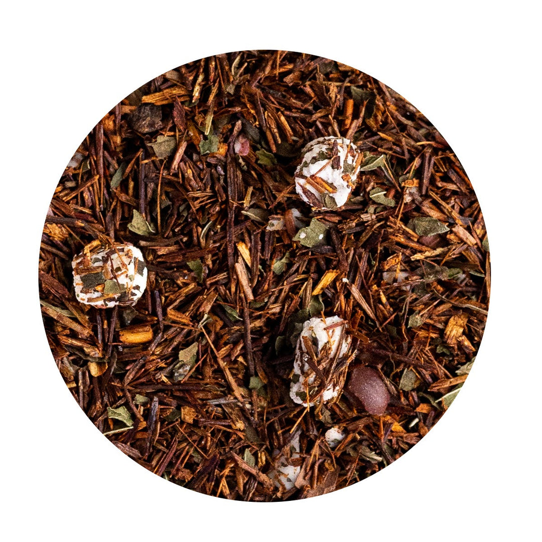 Loose Leaf Rooibos Tea with pieces of candycane, marshmallows and cacao nibs.