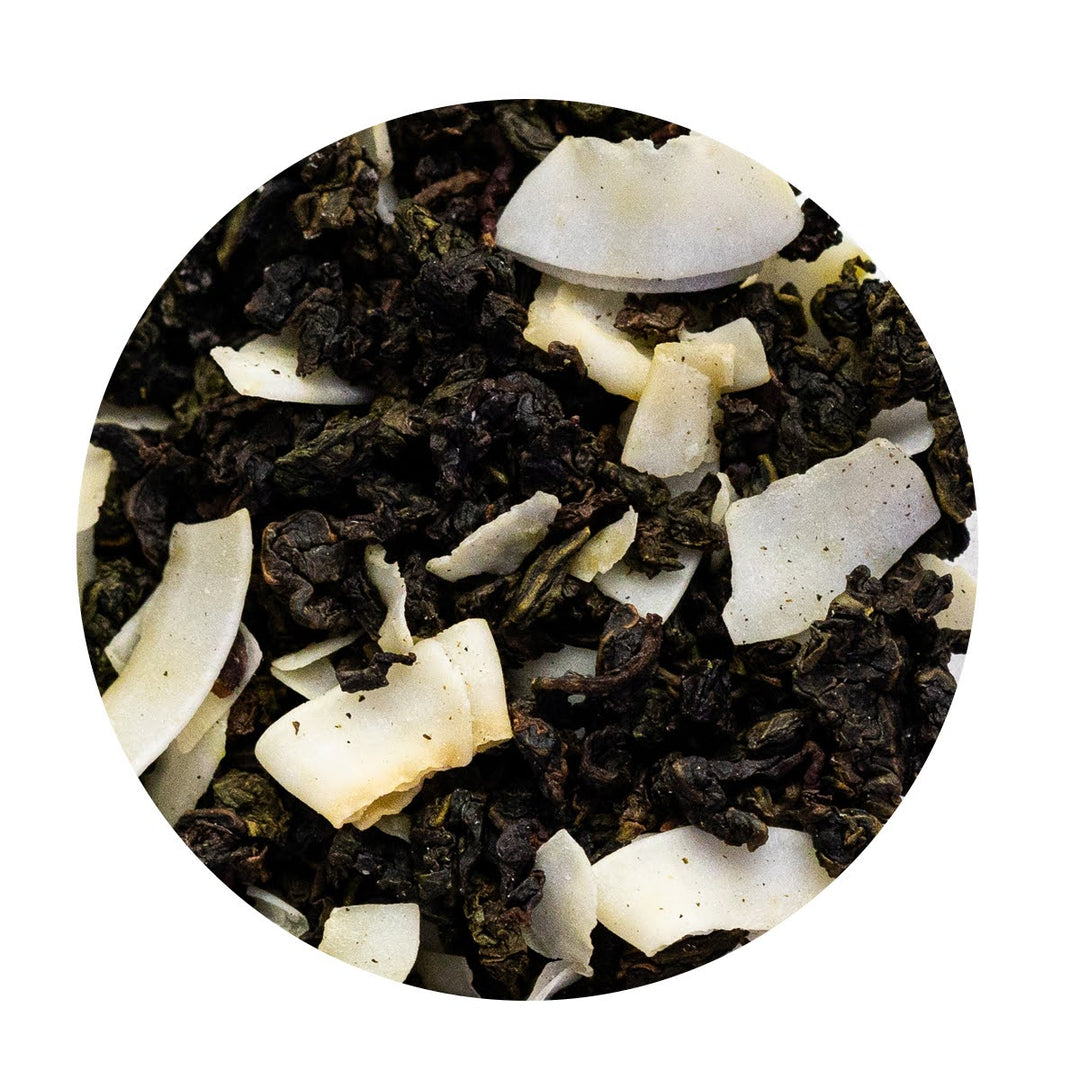 Loose Leaf Oolong tea with coconut flakes.