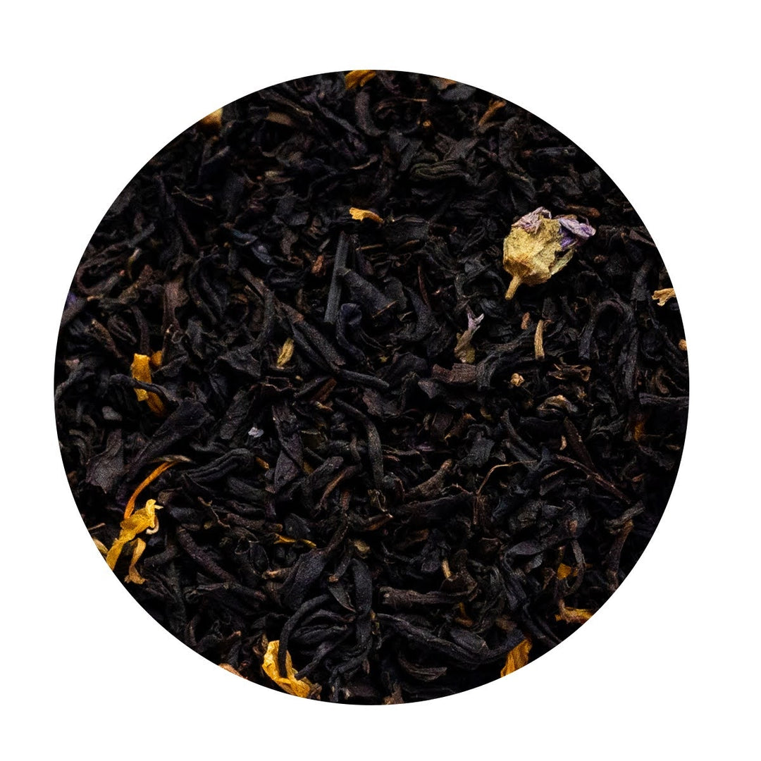 Loose Leaf Black Tea with pieces of mango and passionfruit.