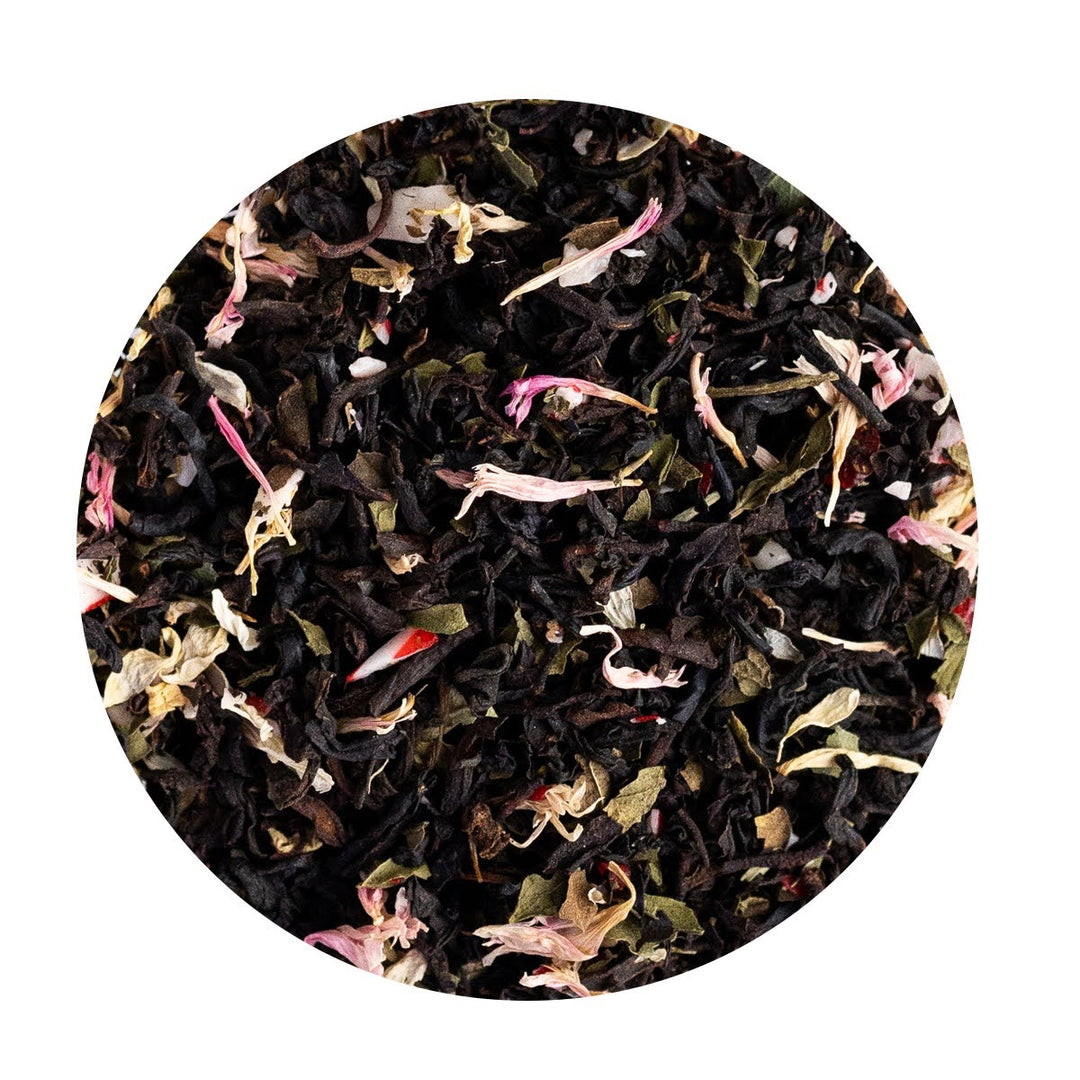 Loose Leaf Black Tea with peppermint, chamomile and candy cane pieces.