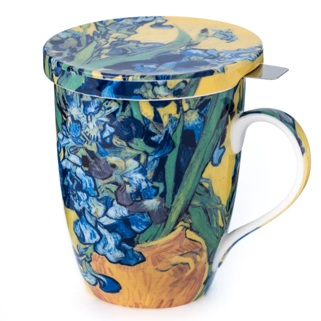 A bone china mug with a floral pattern, featuring 'Irises' by Vincent van Gogh, with a stainless steel infuser and a matching lid.