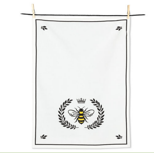 White Tea Towel with bee crest print.