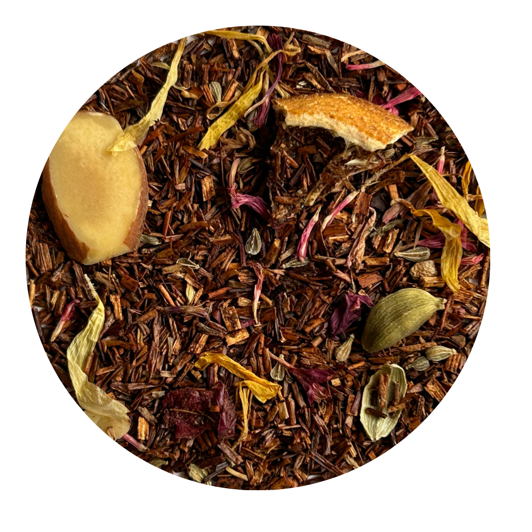 Loose Leaf Rooibos tea with pieces of almond, calendula petals and red cornflower petals.