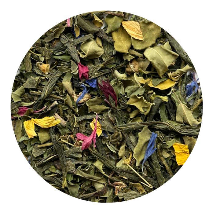 Loose Leaf Green Tea with moringa leaves, blue cornflower and sunflower petals.