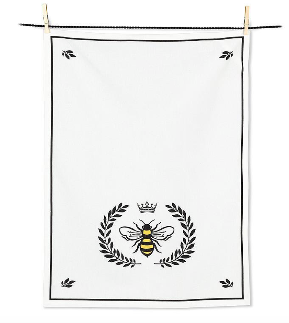 White Tea Towel with bee crest print.