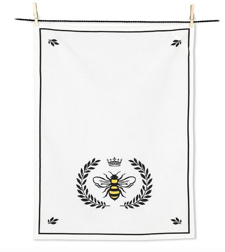 White Tea Towel with bee crest print.